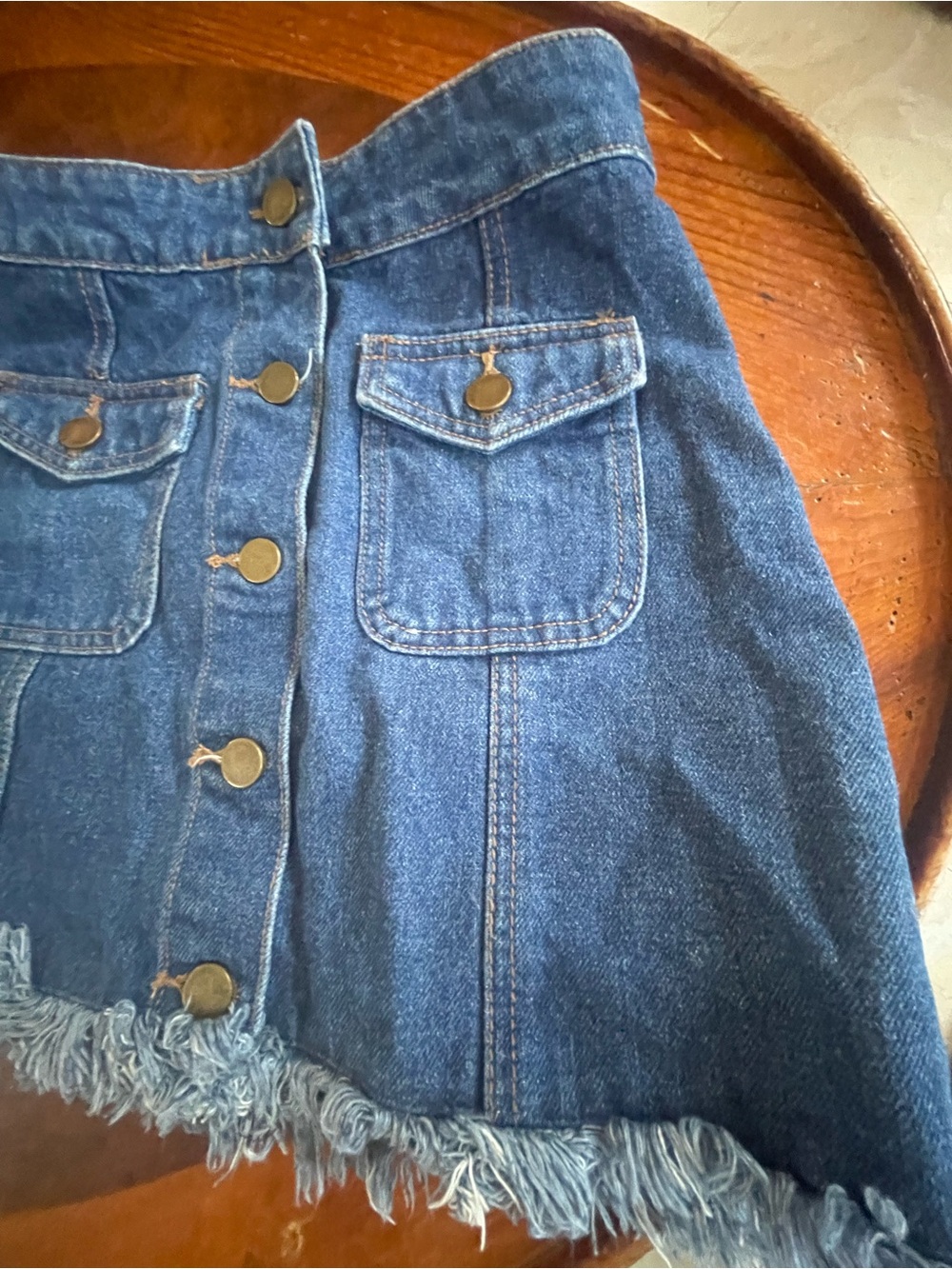 Denim Button-Front Mini Skirt in Dark Blue